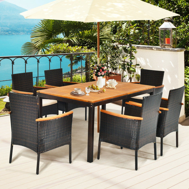 7 Piece Outdoor Rattan Dining Table Set Patio Furniture Set with Stackable Wicker Chairs and Acacia Wood Table