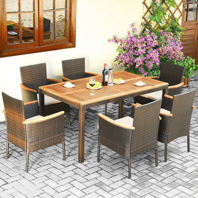 7 Piece Outdoor Rattan Dining Table Set Patio Furniture Set with Stackable Wicker Chairs and Acacia Wood Table