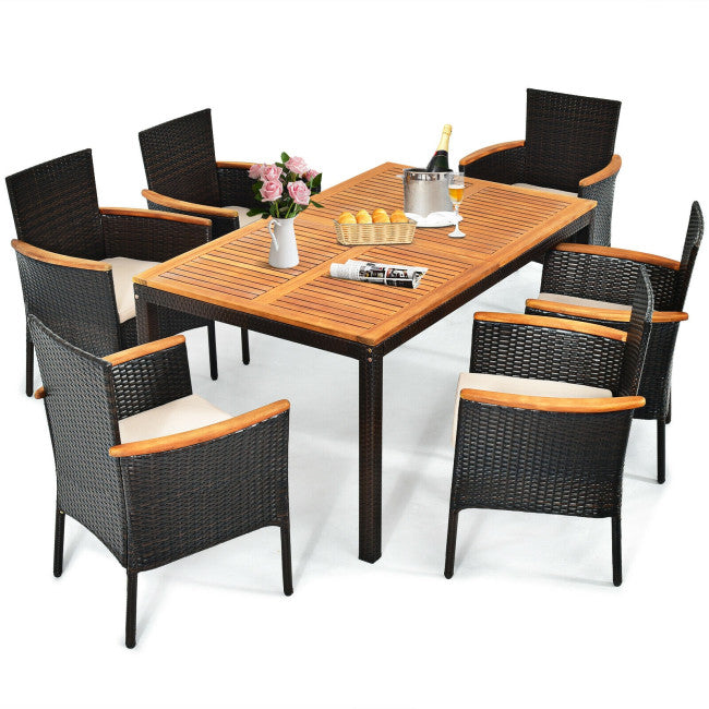 7 Piece Outdoor Rattan Dining Table Set Patio Furniture Set with Stackable Wicker Chairs and Acacia Wood Table