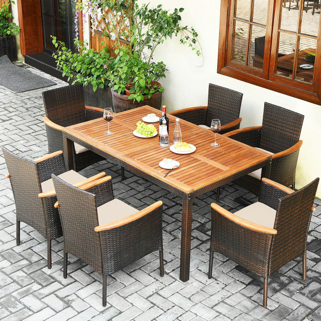 7 Piece Outdoor Rattan Dining Table Set Patio Furniture Set with Stackable Wicker Chairs and Acacia Wood Table