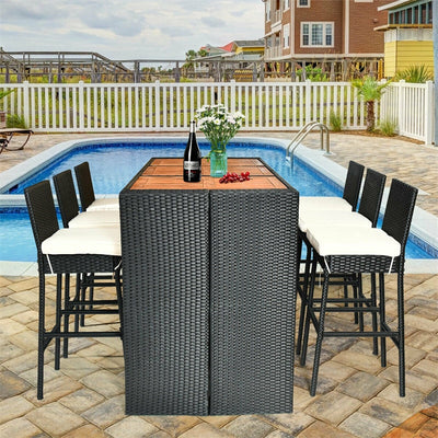 7 Piece Outdoor Patio Rattan Dining Set Furniture Set with Cushion and Acacia Wood Bar Table Top