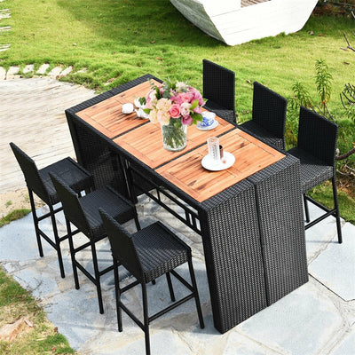 7 Piece Outdoor Patio Rattan Dining Set Furniture Set with Cushion and Acacia Wood Bar Table Top