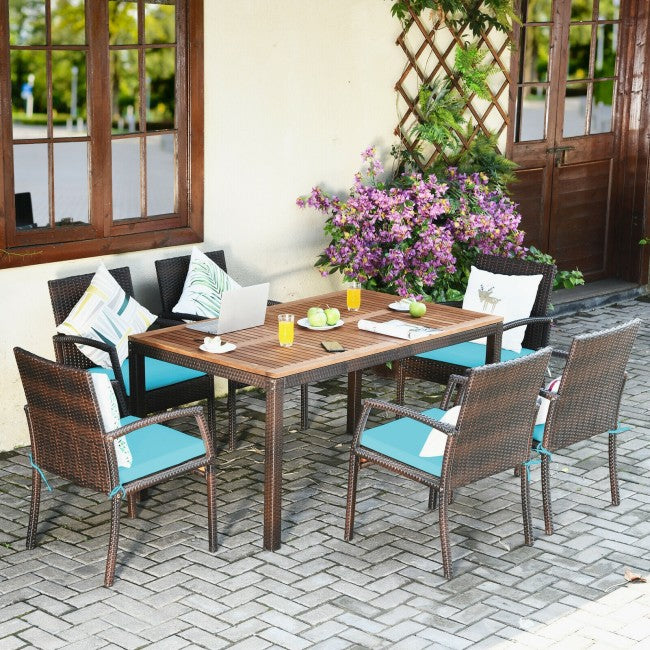 7 Pieces Outdoor Patio Rattan Dining Set Conversation Set with Soft Cushion and Umbrella Hole