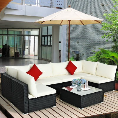 7 Pieces Outdoor Patio Rattan Furniture Set Wicker Sofa Sectional Conversation Set with Cushions and Tempered Glass Tea Table