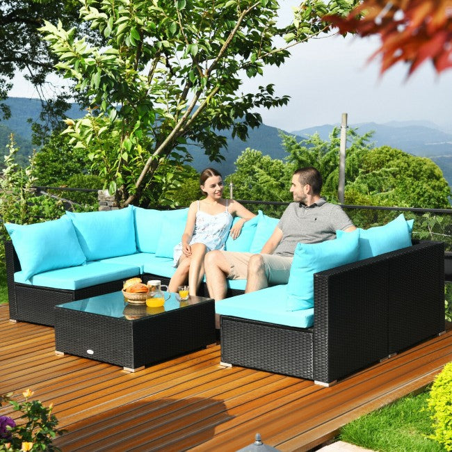 7 Pieces Outdoor Patio Rattan Furniture Set Wicker Sofa Sectional Conversation Set with Cushions and Tempered Glass Tea Table