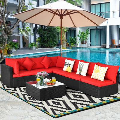 7 Pieces Outdoor Patio Rattan Furniture Set Wicker Sofa Sectional Conversation Set with Cushions and Tempered Glass Tea Table