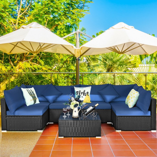 7 Pieces Outdoor Patio Rattan Furniture Set Wicker Sofa Sectional Conversation Set with Cushions and Tempered Glass Tea Table