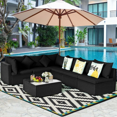 7 Pieces Outdoor Patio Rattan Furniture Set Wicker Sofa Sectional Conversation Set with Cushions and Tempered Glass Tea Table