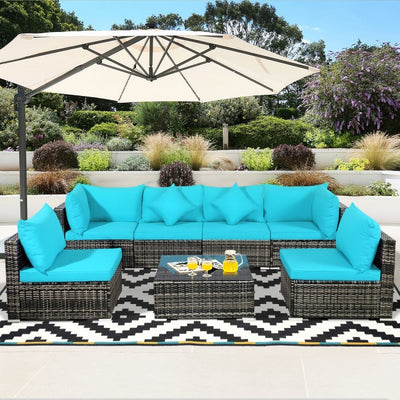 7 Pieces Outdoor Patio Rattan Furniture Set Conversation Sectional Sofa Set with Cushion