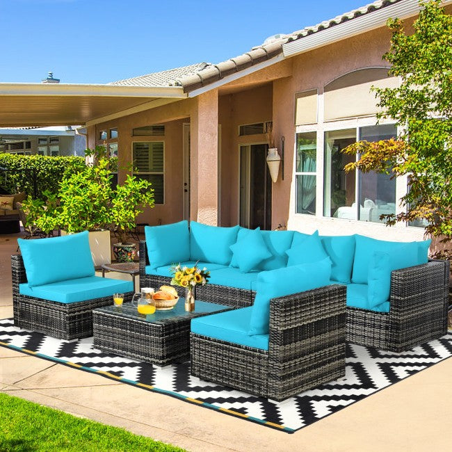 7 Pieces Outdoor Patio Rattan Furniture Set Conversation Sectional Sofa Set with Cushion