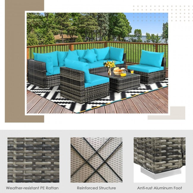 7 Pieces Outdoor Patio Rattan Furniture Set Conversation Sectional Sofa Set with Cushion