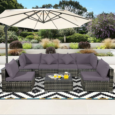 7 Pieces Outdoor Patio Rattan Furniture Set Conversation Sectional Sofa Set with Cushion