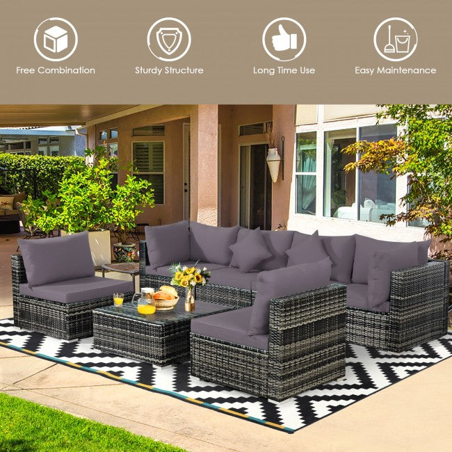 7 Pieces Outdoor Patio Rattan Furniture Set Conversation Sectional Sofa Set with Cushion