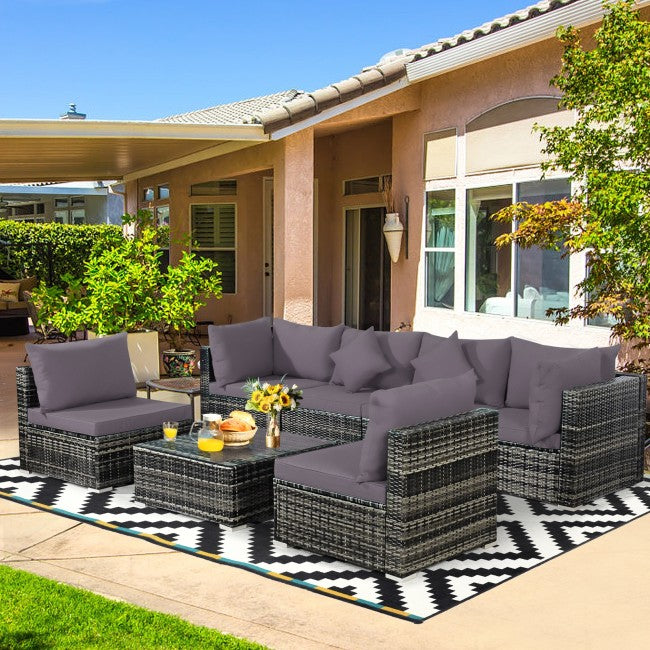 7 Pieces Outdoor Patio Rattan Furniture Set Conversation Sectional Sofa Set with Cushion