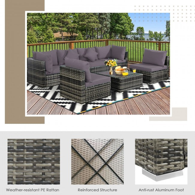 7 Pieces Outdoor Patio Rattan Furniture Set Conversation Sectional Sofa Set with Cushion