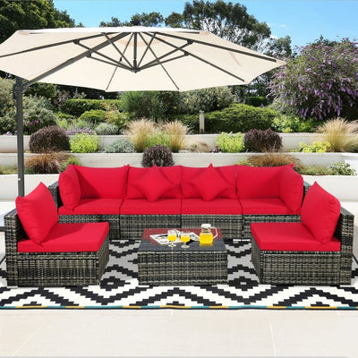 7 Pieces Outdoor Patio Rattan Furniture Set Conversation Sectional Sofa Set with Cushion