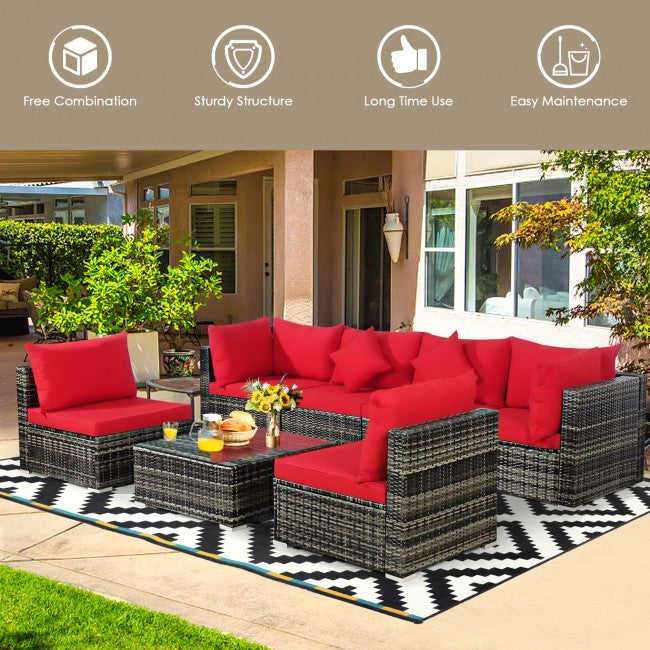 7 Pieces Outdoor Patio Rattan Furniture Set Conversation Sectional Sofa Set with Cushion