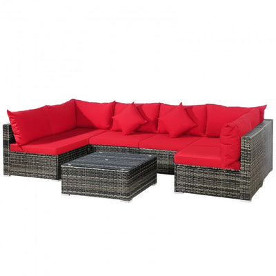 7 Pieces Outdoor Patio Rattan Furniture Set Conversation Sectional Sofa Set with Cushion