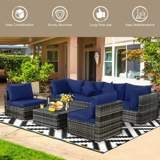 7 Pieces Outdoor Patio Rattan Furniture Set Conversation Sectional Sofa Set with Cushion