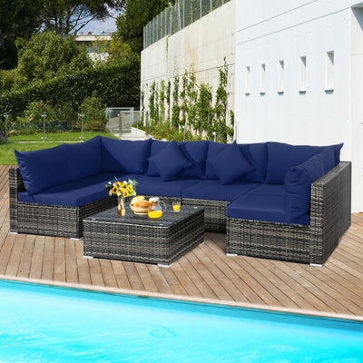 7 Pieces Outdoor Patio Rattan Furniture Set Conversation Sectional Sofa Set with Cushion