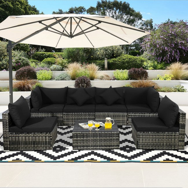 7 Pieces Outdoor Patio Rattan Furniture Set Conversation Sectional Sofa Set with Cushion