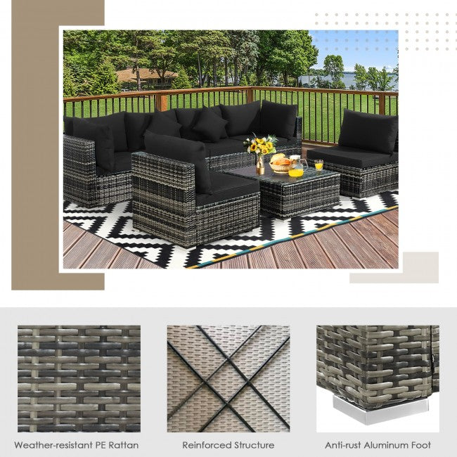 7 Pieces Outdoor Patio Rattan Furniture Set Conversation Sectional Sofa Set with Cushion