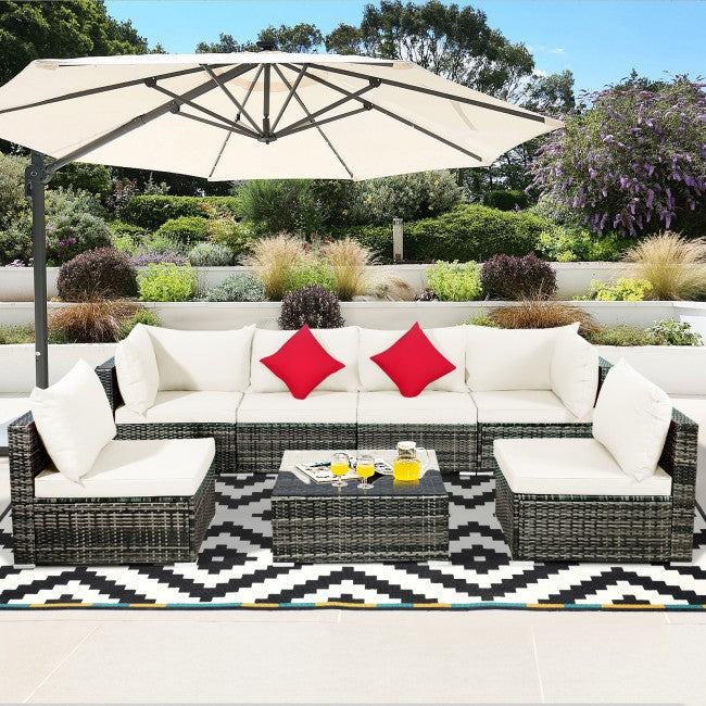 7 Pieces Outdoor Patio Rattan Furniture Set Conversation Sectional Sofa Set with Cushion