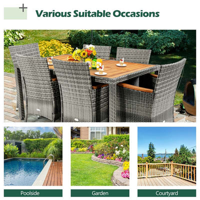 7 Pieces Patio Rattan Dining Table Set Outdoor Furniture Set with Cushion and Acacia Wood Table