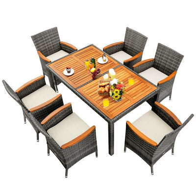 7 Pieces Patio Rattan Dining Table Set Outdoor Furniture Set with Cushion and Acacia Wood Table