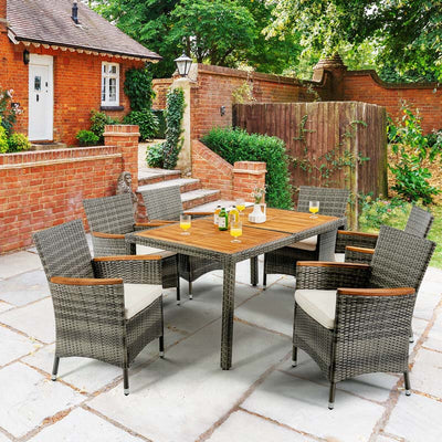 7 Pieces Patio Rattan Dining Table Set Outdoor Furniture Set with Cushion and Acacia Wood Table