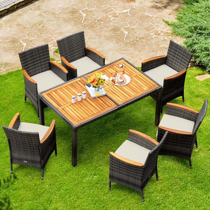 7 Pieces Patio Rattan Dining Table Set Outdoor Furniture Set with Cushion and Acacia Wood Table