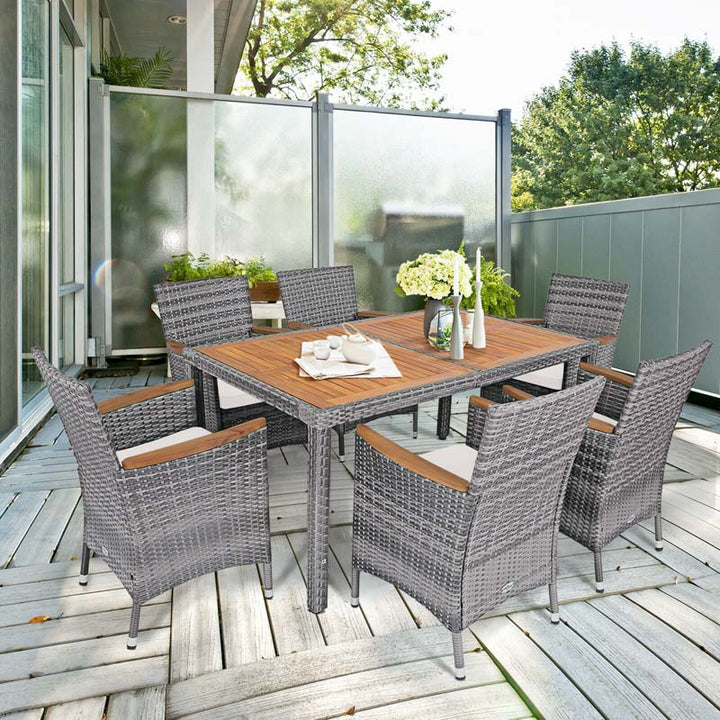 7 Pieces Patio Rattan Dining Table Set Outdoor Furniture Set with Cushion and Acacia Wood Table