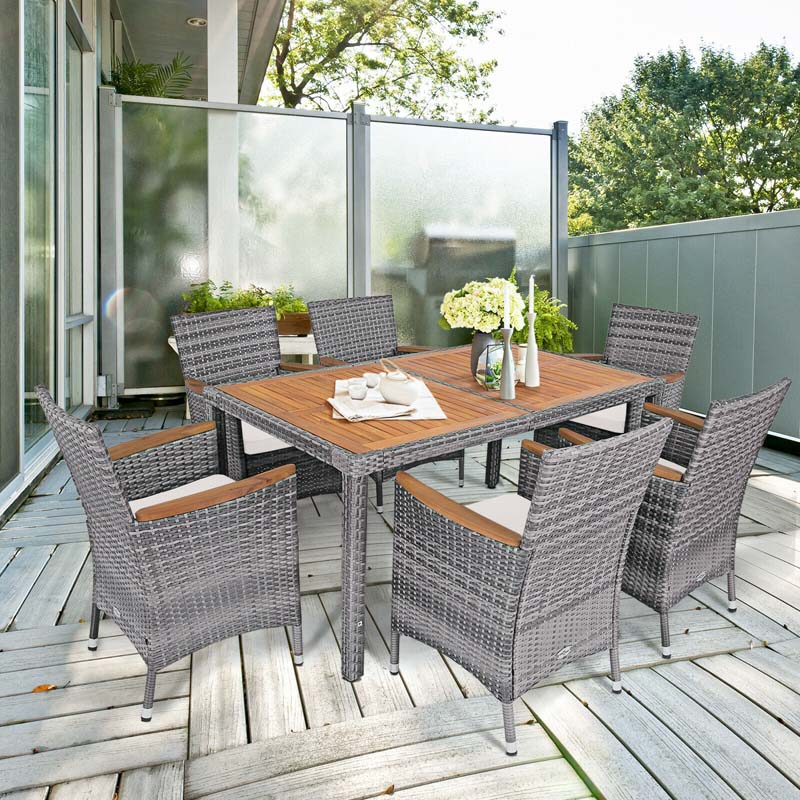 7 Pieces Patio Rattan Dining Table Set Outdoor Furniture Set with Cushion and Acacia Wood Table