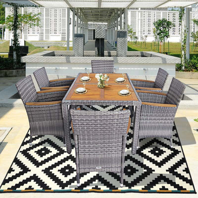 7 Pieces Patio Rattan Dining Table Set Outdoor Furniture Set with Cushion and Acacia Wood Table