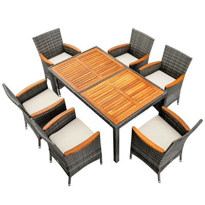 7 Pieces Patio Rattan Dining Table Set Outdoor Furniture Set with Cushion and Acacia Wood Table