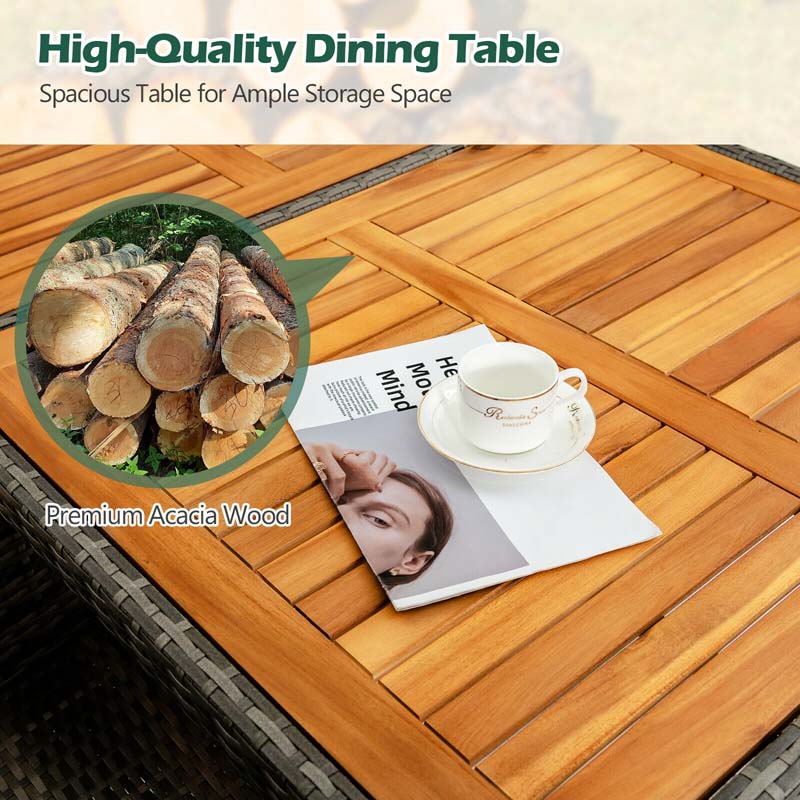 7 Pieces Patio Rattan Dining Table Set Outdoor Furniture Set with Cushion and Acacia Wood Table