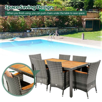 7 Pieces Patio Rattan Dining Table Set Outdoor Furniture Set with Cushion and Acacia Wood Table