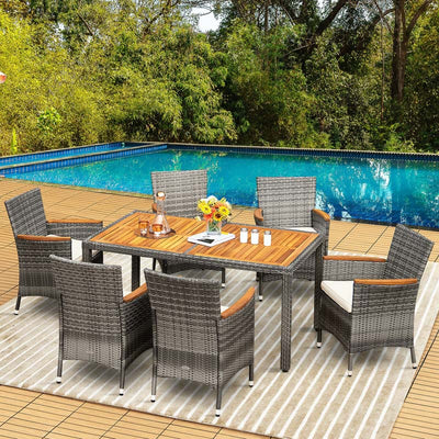 7 Pieces Patio Rattan Dining Table Set Outdoor Furniture Set with Cushion and Acacia Wood Table