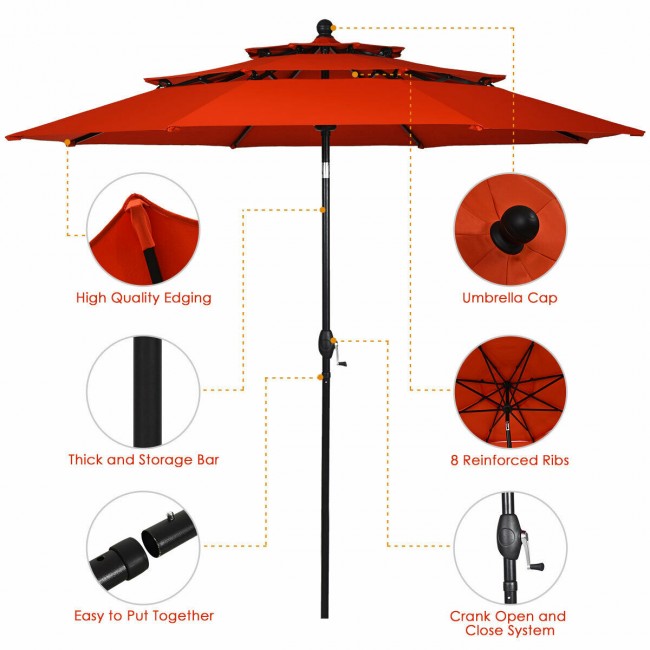 10ft Outdoor Patio 3 Tier Vented Offset Umbrella with 1.5" Aluminum Pole and 8 Sturdy Ribs