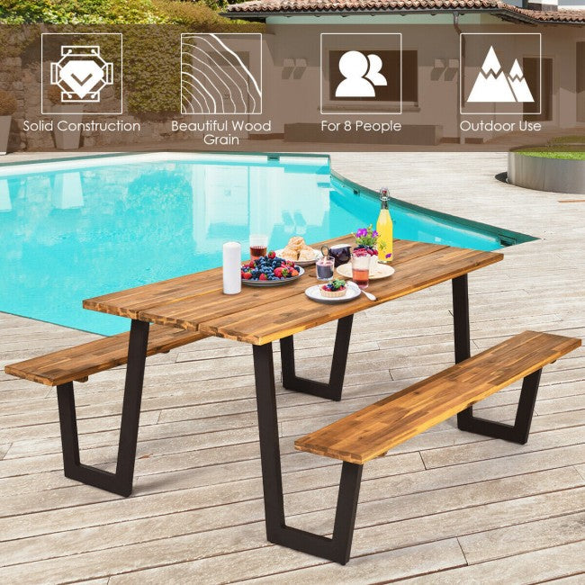 70 Inch Outdoor Dining Table Set Picnic Table Bench Set with Umbrella Hole and Metal Frame