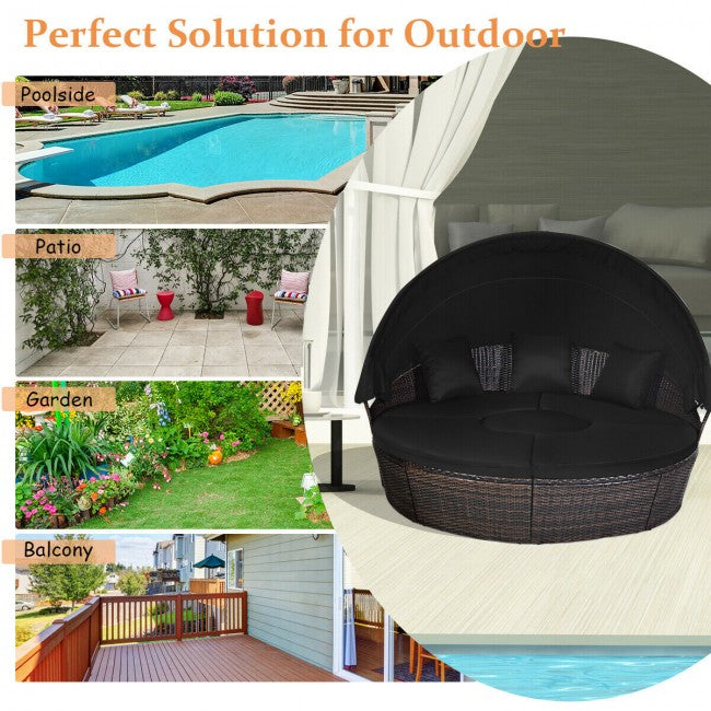 Outdoor Wicker Furniture Sets Patio Round Rattan Daybed With Retractable Canopy