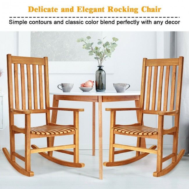 Oversized Wooden Porch Rocking Chair High Back Slat Reclining Seat