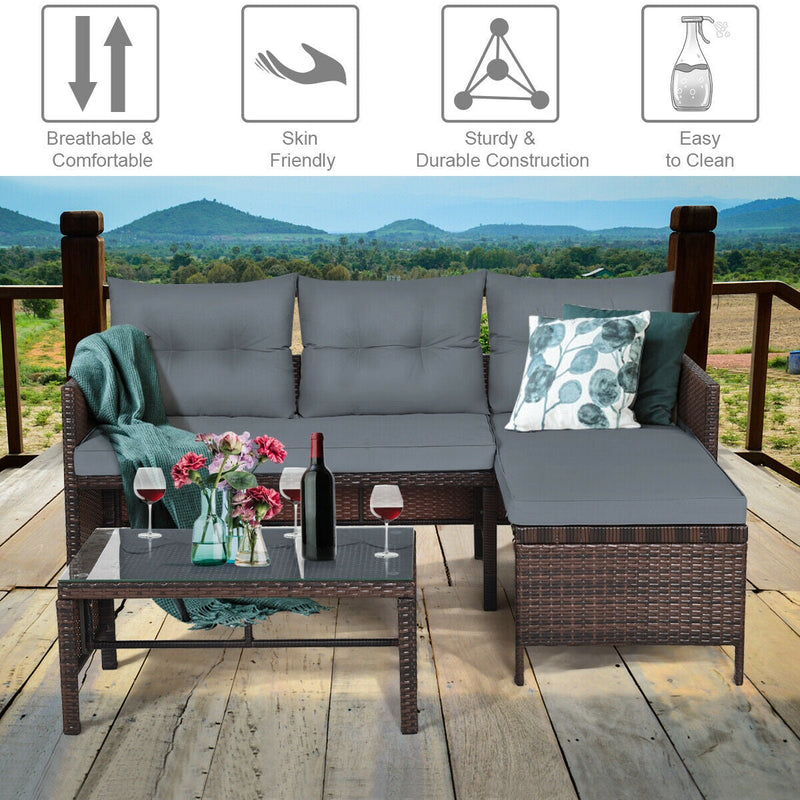 3 Piece Outdoor Patio Corner Rattan Sofa Set