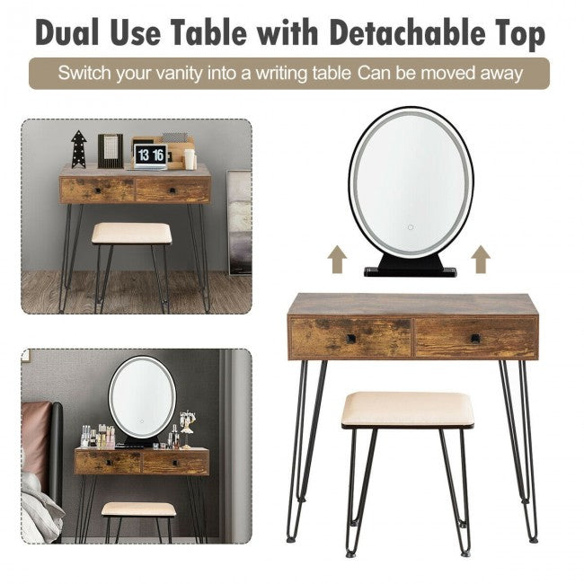 Vanity Table Set Makeup Dressing Desk with Touch Screen Adjustable Brightness Mirror and Cushioned Stool