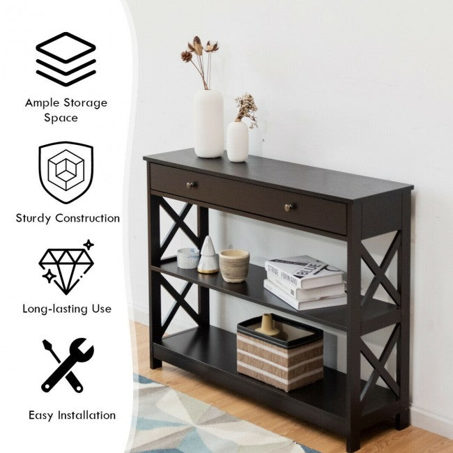 3-Tier Side Console Table Entryway Table Narrow Accent Table with Drawer and Storage Shelves