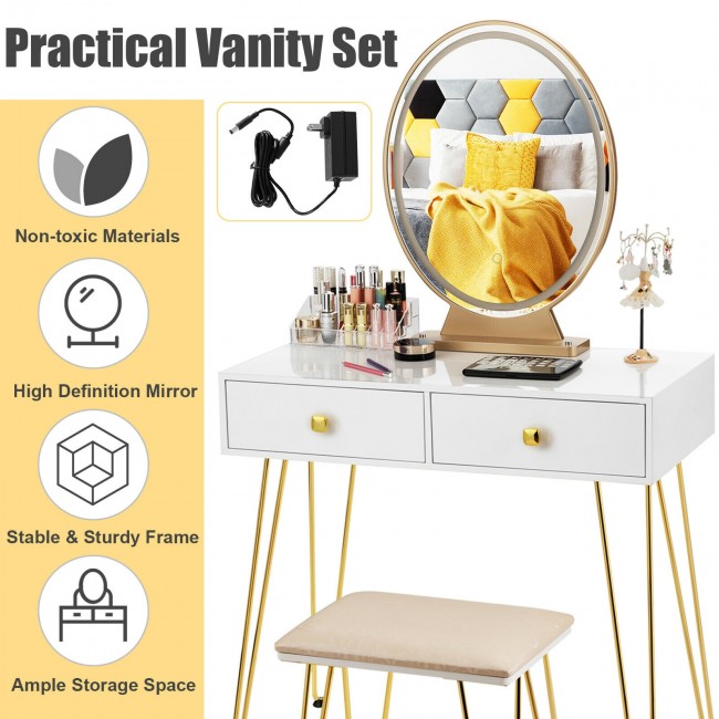 Vanity Table Set Makeup Dressing Desk with Touch Screen Adjustable Brightness Mirror and Cushioned Stool