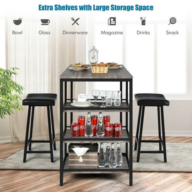 3 Pieces Dining Table Set with Pub Counter Height and Storage Shelves
