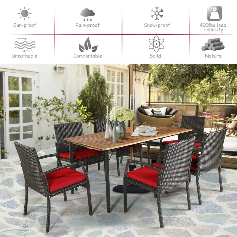 7 Pieces Patio Rattan Cushioned Dining Set with Umbrella Hole