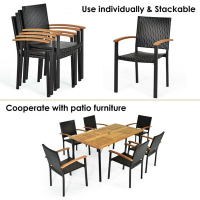 4 Pieces Outdoor Stackable Rattan Chair Patio Dining Armchair with Acacia-Topped Armrests