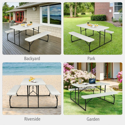 Outdoor Camping Picnic Table Bench Set Dining Set with Metal Base